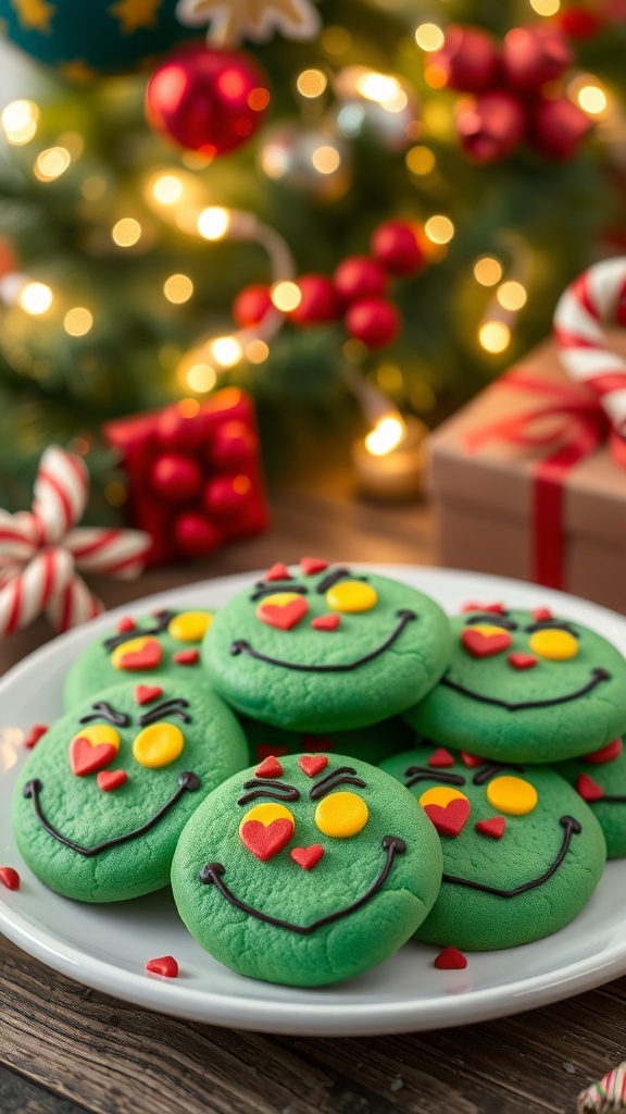 A festive plate of Grinch Christmas cookies with red heart sprinkles on a holiday-themed table.